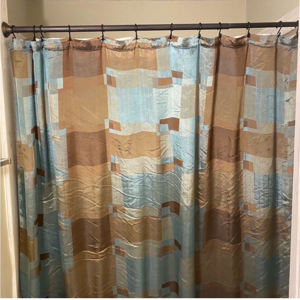 Abstract Shower Curtain &‎ Rings, Wall Art Teal Brown Fabric Bath Decor *DEFECT*